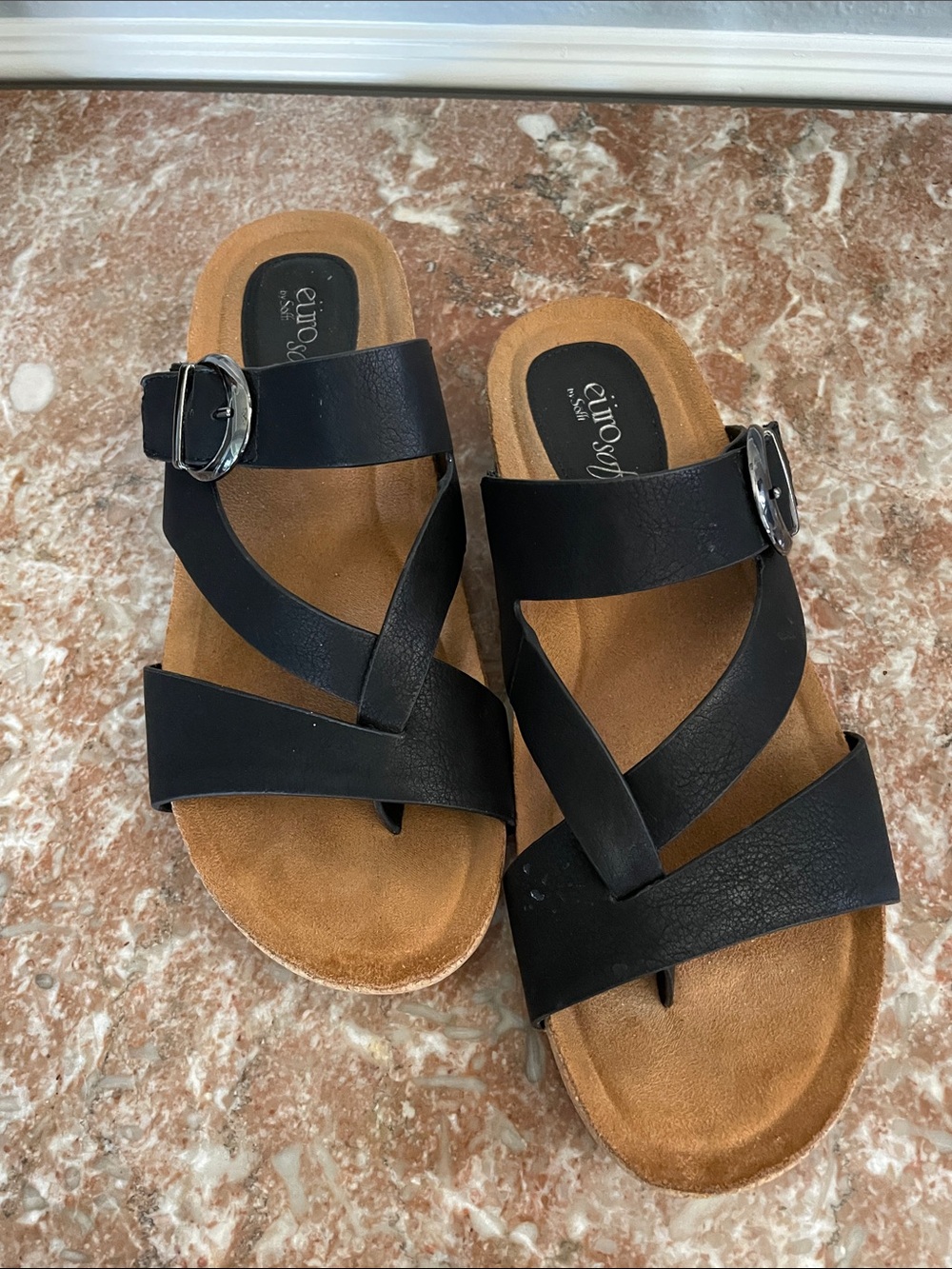 EuroSoft Black Leather Crisscross Buckle Sandals for Women